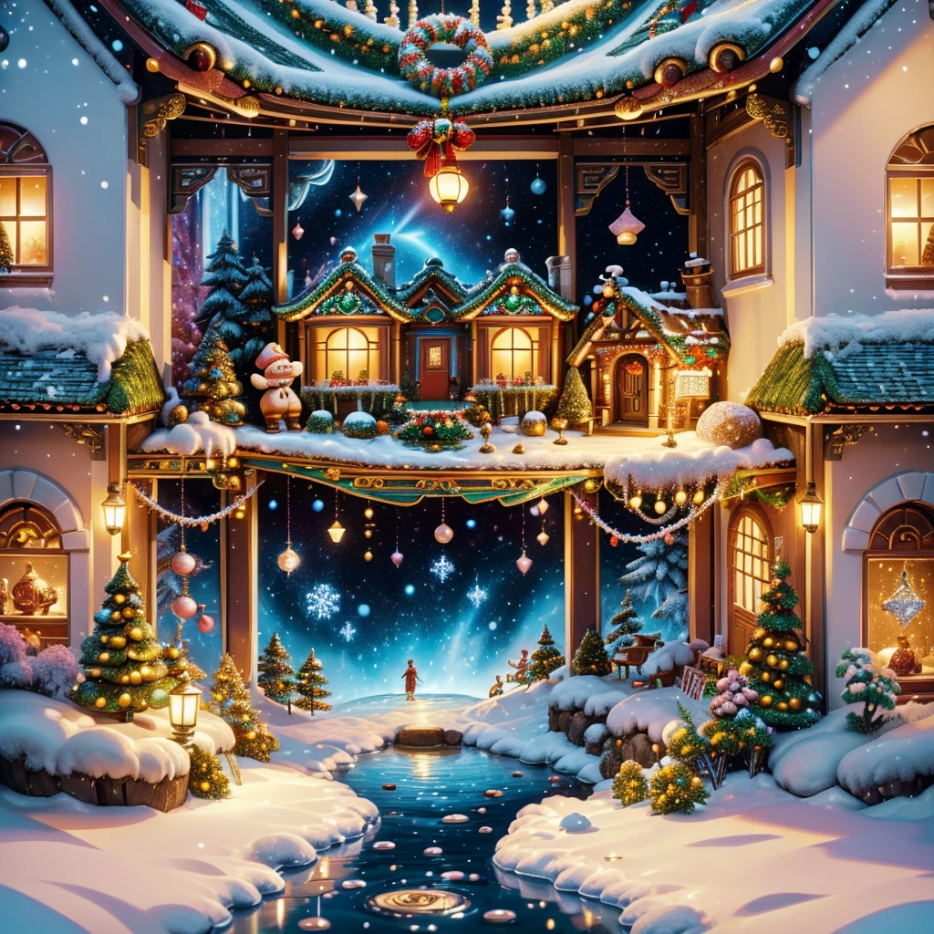 (tmasterpiece),（ultra - detailed:1.3），(Close-up: 1.8), Best quality，（棉花糖一样的白yuki:1.2），（Christmas courtyard in blue fairy tale:1.6），(蓝色门上圣诞decorationlower ring: 1.8),（suns），(((Delicious candies in front of the door，Christmas tree, gifts, Christmas stockings, cute gingerbread man，chocolate house splash))), Illustration style, decorations, Fantasy Christmas small courtyard, Lovely design style, yuki，rays of sunshine，vivd colour、 ((Whimsical and charming fantasy)), Surreal portrait, (Fantasy themed Christmas cabin), (Whimsical Christmas Accessories), (Colorful, Landscape full of candy), (enchanting, 神奇的Christmas tree), (A vibrant one, Candy-colored courtyard), (Candy Road), (blue candy door) in distance, (Like a mirror, 不对称tmasterpiece钟表配件), (Rich, fantasticcolors), (温暖的rays of sunshine), (four dimensional dream), (enchanting atmosphere), (Playful composition), (生动的rays of sunshine效果), 1.4x realism，hyper HD，Shown in this beautiful scene，(Very meticulous，Reasonable design，Clear lines，High- sharpness，tmasterpiece，offcial art，movie light effect，8K)