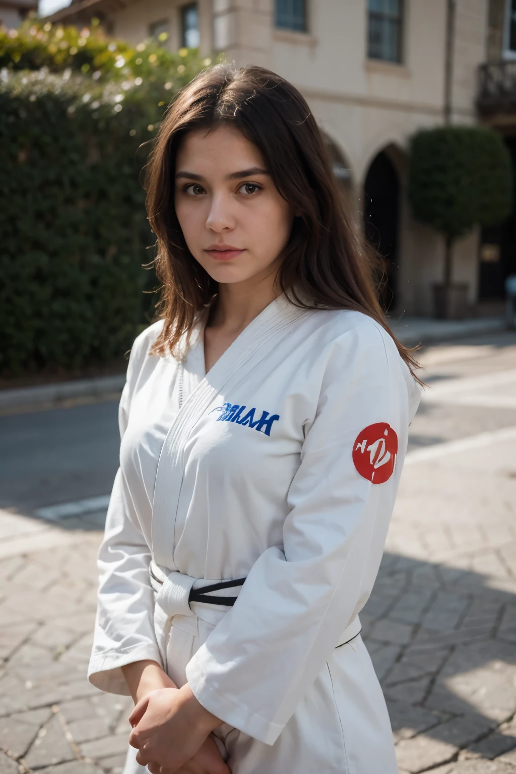 The image style is Disney/ Pixar as a girl in jiu-jitsu kimono with a heroic pose like Jesus behind her looking at her with allergies