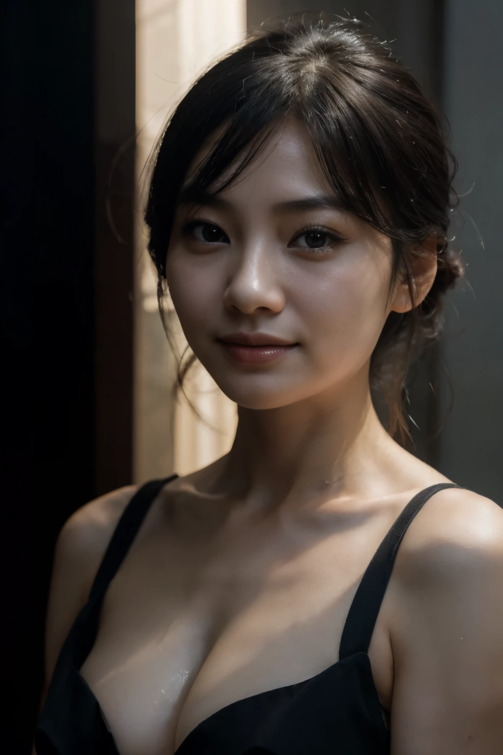 a Chinese woman 35 years old, beautiful, white skin, smile, thin face, dark theme, light markup, light and shadow.