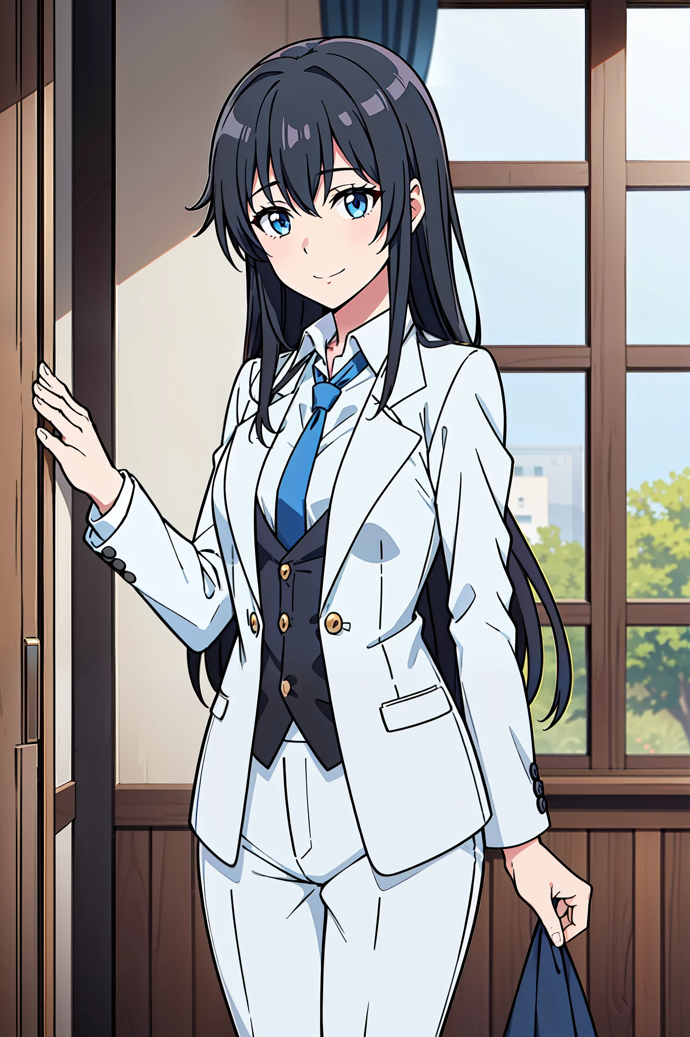 Yukinoshita yukino ,woman in formal attractive tailcoat standing in a large alcove in the room , 1girl, solo, blue necktie, black hair, blue eyes, long hair, smile , collared shirt, white pants, white shirt , tailored tailcoat  , standing in front of a window ,tailcoat tailored crafted from the lustrous fabric