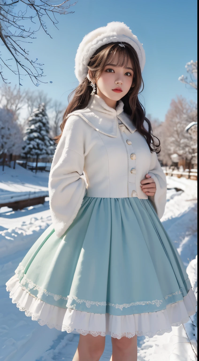 ((Obras de mestres)),(ultrahigh-resolution),1 girl, sentado, Fantasia de Lolita,capa (neve, Atividades ao ar livre no inverno:1.2),