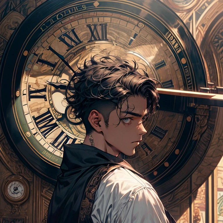 Um homem legal, homem musculoso, pedregoso, cabelos pretos, olhos vermelhos, vestindo roupas de guerreiro, . Background with big clock,