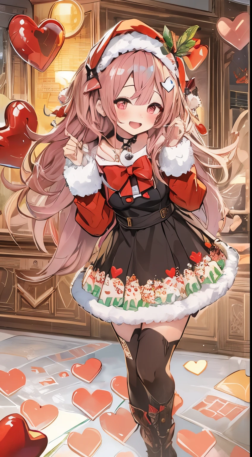santa clothes、christmas image、Magic of hearts、small tits、1girl in、Put one hand on your face、Heart-shaped pupil,Red and Black theme,(blush:1.1),Choker,《trembling》,heart mark,(Smaller chest), ((Heavy breathing:1.3)),  Smile,  Evil smile, Laughing, Cute,full body Esbian、top-quality、masutepiece、1 Masterpiece Girl、Cheek makeup、loose, I have very large dark circles under my eyes、Colorful long hair、Smile,, Evil smile, Laughing, Cute,Magic of hearts