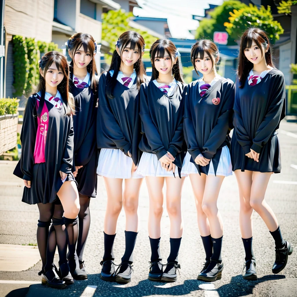 Raw photo、(((multiple girls))),((((6+girls)))),((((100girls)))),(((1000girls)))、((((100 Girls))))、Women only、The same face、((matching school uniform))、12 years old、Long black hair、100 cute girls going to school、japanes、a smile、Commuting to school、School route、In the street、selfee、same person、(((Large group)))、a junior high school student