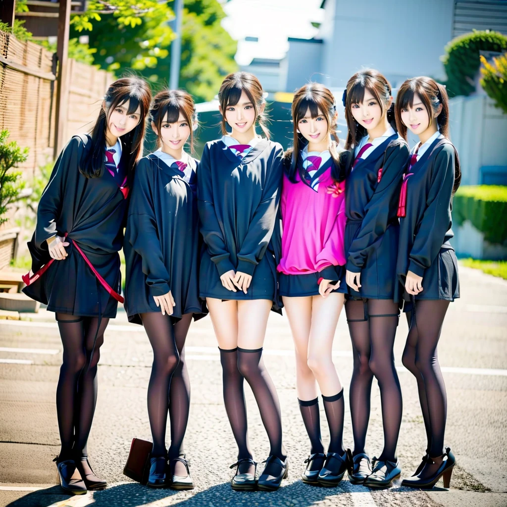 Raw photo、(((multiple girls))),((((6+girls)))),((((100girls)))),(((1000girls)))、((((100 Girls))))、Women only、The same face、((matching school uniform))、************、Long black hair、100 cute girls going to school、japanes、a smile、Commuting to school、School route、In the street、selfee、same person、(((Large group)))、a junior high school student