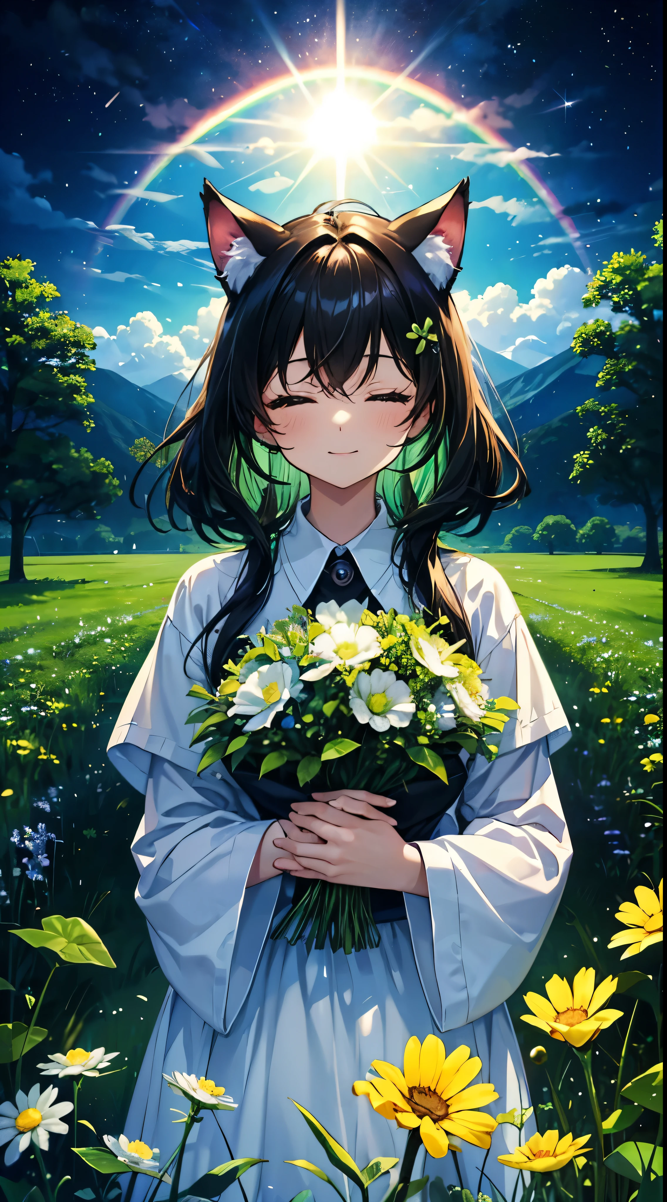 Top image quality、hiquality、big green clover、The glow of the sun、blue open sky、rainbows、Landscape painting、Luxury Specifications、Cat's ears、messy black hair、close your eyes and laugh、Happiness、Blissful、serene、Mystical