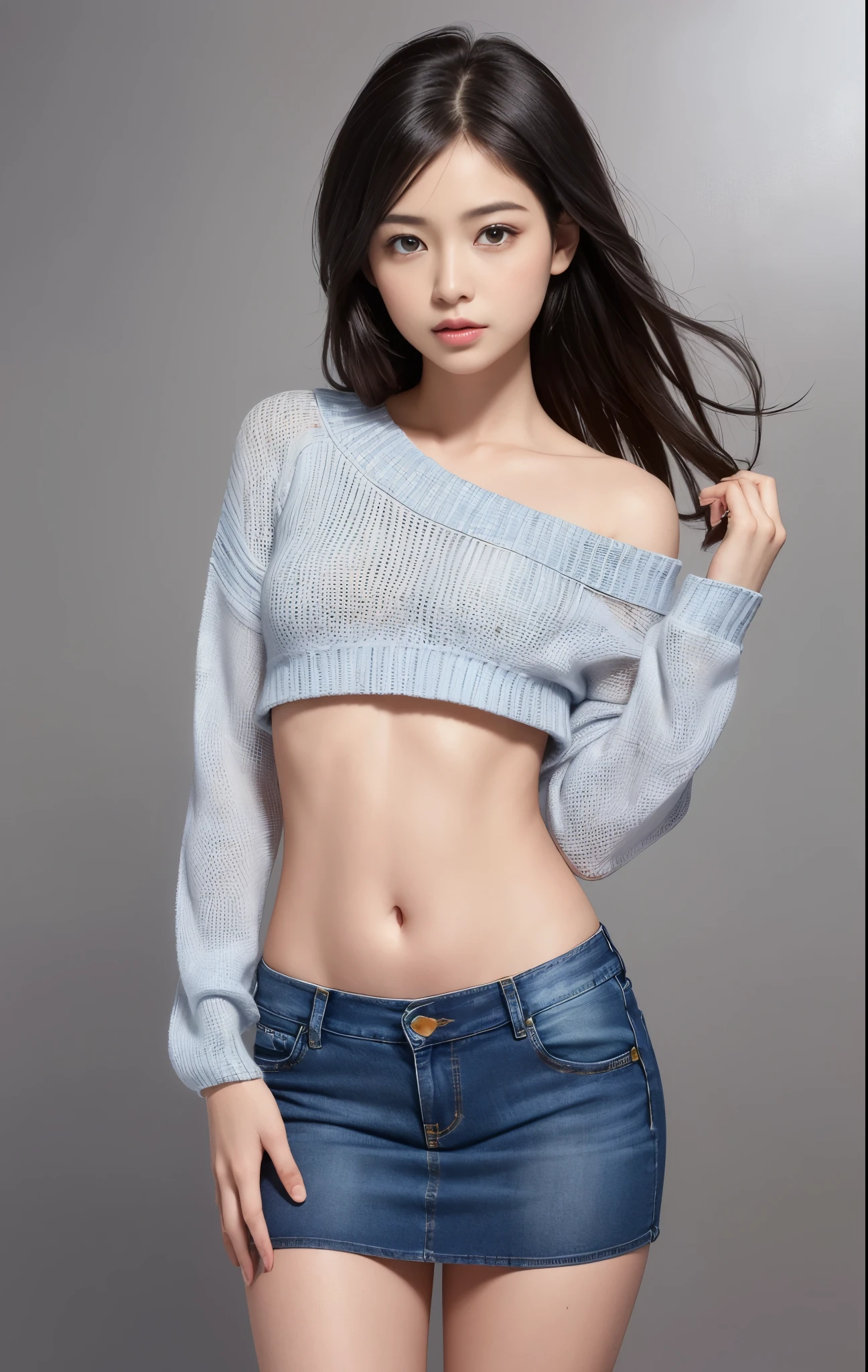 ((masuter piece:1.3)、(8K、Photorealsitic、Raw photography、top-quality: 1.4)、(1girl in)、Beautiful expression、(Lifelike face)、(A dark-haired、long)、 Beautiful hairstyle、Realistic eyes beautiful details、（real looking skin）、Beautiful skins、absurderes、enticing、超A high resolution、A hyper-realistic、high-detail、the golden ratio、 ((wide open abdomen))、((open abdomen))、((wide open navel))、((open navel))、((Bare belly))、((Mid-Riff Sweater))、((Ultra-low rise、Denim Mini Skirt))、 ((Navel Ejection))、((small hips))、((long limbull body depiction))、((small  hip))、((Ultra-low rise))、((Denim Mini Skirt))、((is standing))、(((No background)))
