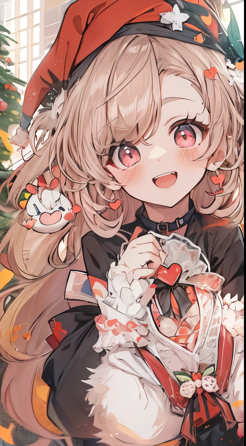 santa clothes、christmas image、Magic of hearts、small tits、1girl in、Put one hand on your face、Heart-shaped pupil,Red and Black theme,(blush:1.1),Choker,《trembling》,heart mark,(Smaller chest), ((Heavy breathing:1.3)), Smile, Evil smile, Laughing, Cute,full body Esbian、top-quality、masutepiece、1 Masterpiece Girl、Cheek makeup、loose, I have very large dark circles under my eyes、Colorful long hair、Smile,, Evil smile, Laughing, Cute,Magic of hearts