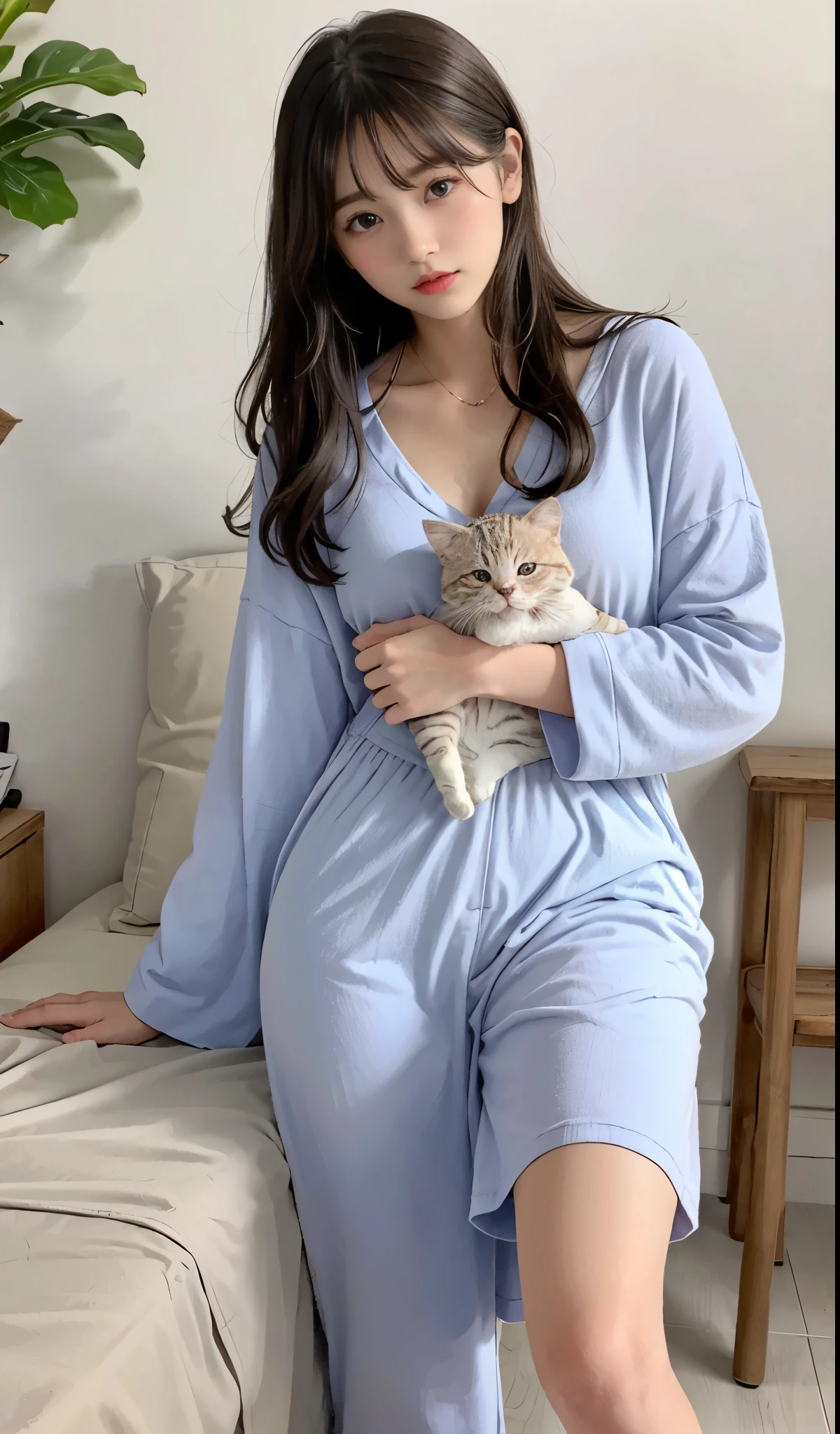 dormindo, Realistic, alta qualidade, Shorts finos de seda brilhante, (Pijama de cetim rosa fino e brilhante de tamanho grande:1.4), (Pijama desabotoado na frente:1.4), peito grande, (Gatinho dormindo com peito exposto:1.4), luz suave, osso do quadril, Natural and authentic, um travesseiro de seda, folhas de seda,