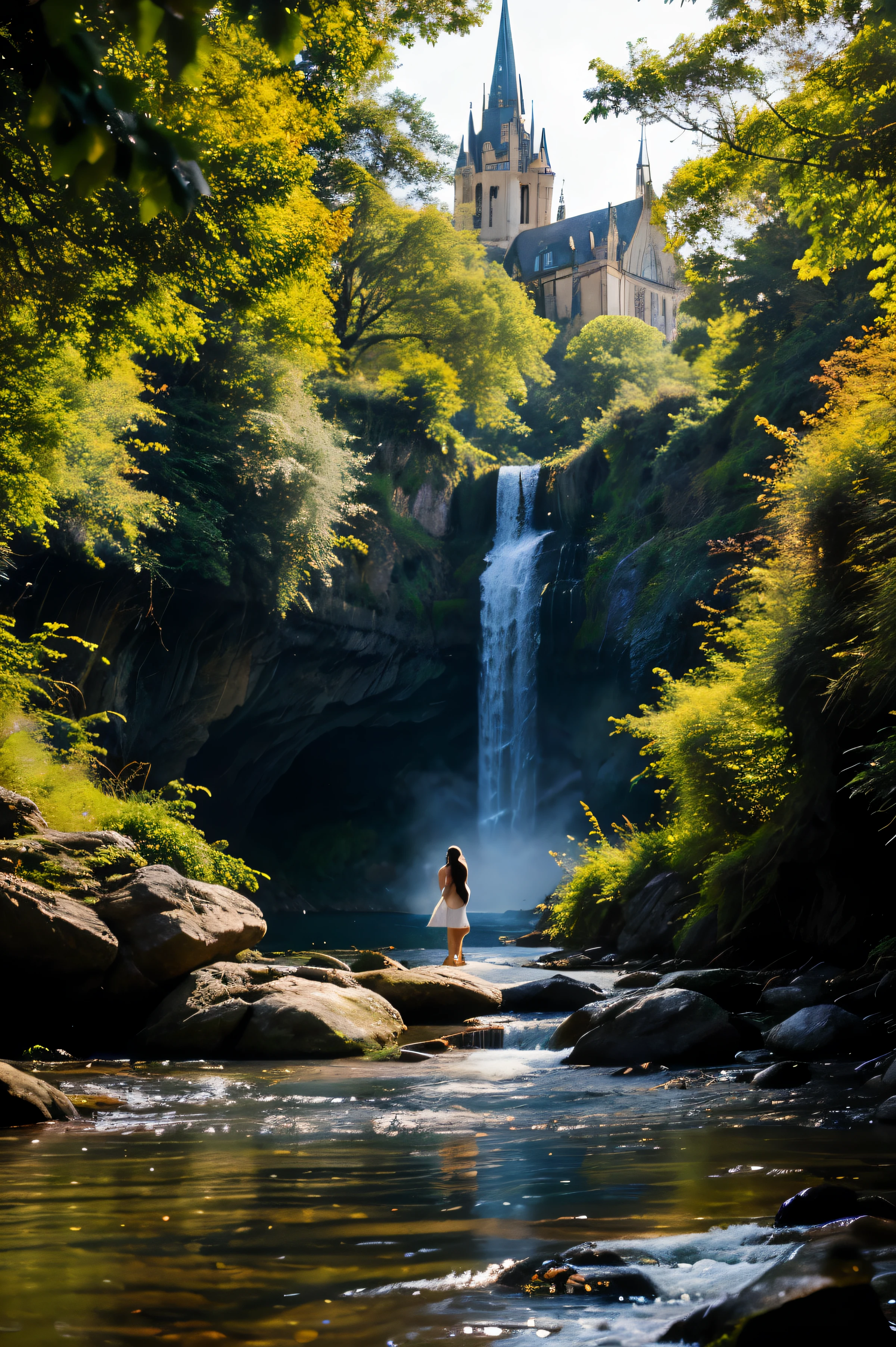 best quality, with vibrant colors and a dream-like atmosphere. Include a majestic castle, surrounded by lush green forests and cascading waterfalls. Add mystical creatures like unicorns and fairies, enhancing the enchanting atmosphere. Incorporate intricate details in the castle's architecture, with soaring towers and intricate stained glass windows. Include a shimmering river that winds through the landscape, reflecting the vibrant colors of the surroundings. Use studio lighting to bring out the depth and dimension of the scene. Apply a painterly style, with soft brush strokes and a touch of surrealism. Enhance the image with a warm color palette, using rich hues of oranges, purples, and blues. Emphasize the play of light and shadows, creating a captivating and magical ambiance.