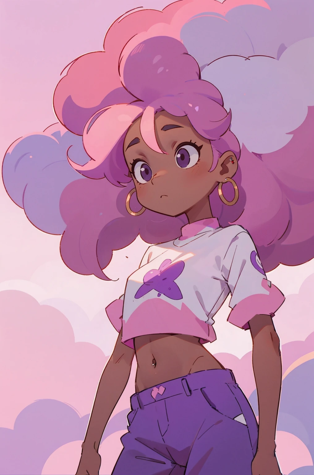 a woman with afro hair and a white shirt is standing in front of a purple sky with clouds and a pink hair, upperbody, midriff, Brom, flat colors, a character portrait, digital art, dark-skinned_female, dark_skin, navel_piercing, off_shoulder, pink_hair, stunishing_background, purple_background, sky, long_hair