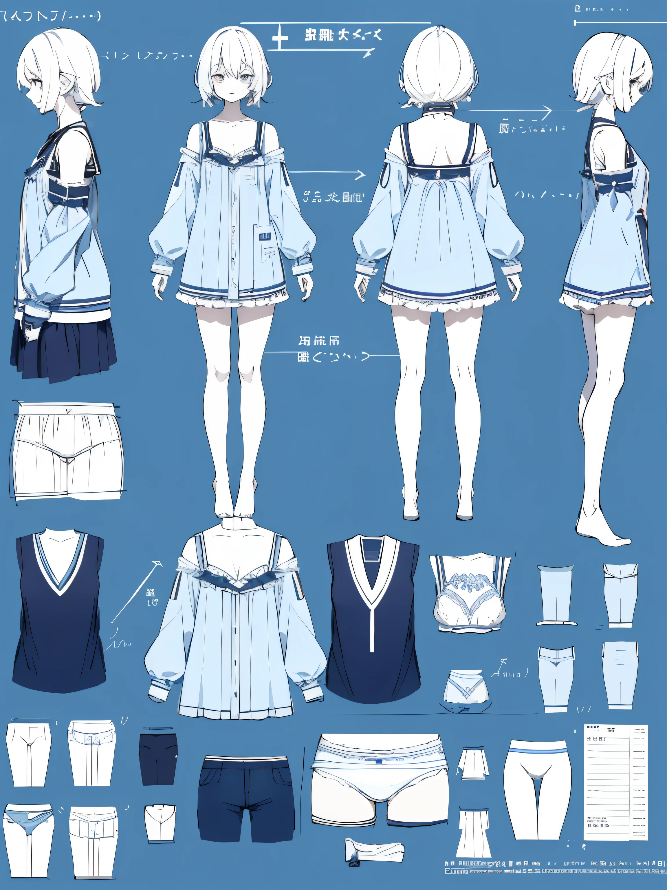 Character blueprint、full body Esbian、front/side wake、hight resolution、1girl in、undergarment、student clothes、Cute anime illustration