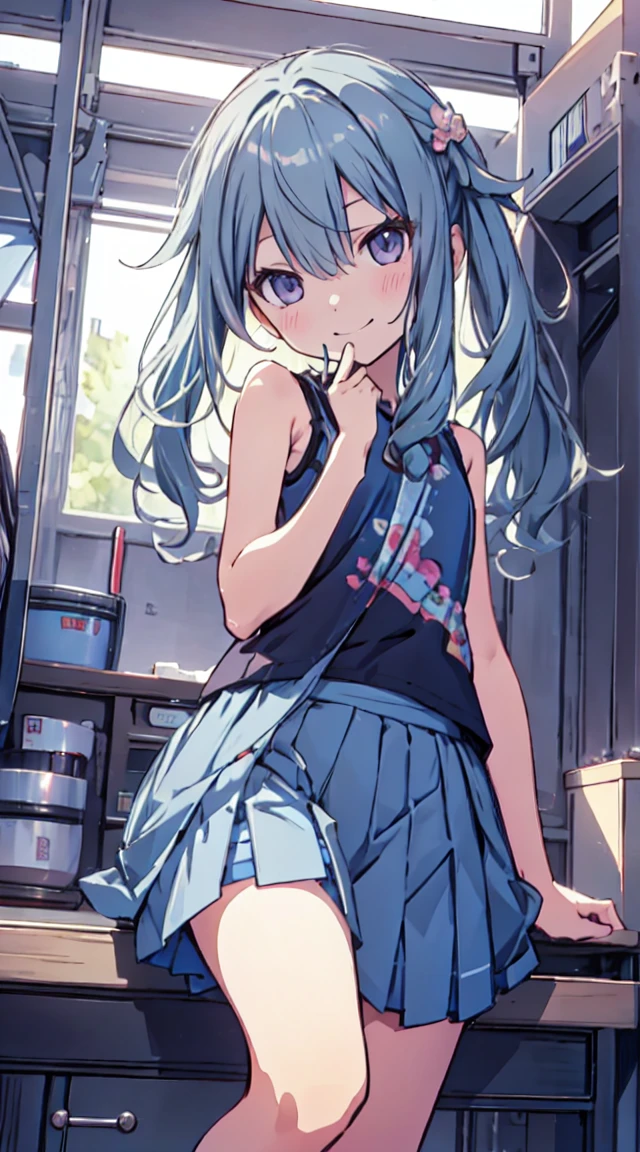 masutepiece, Best Quality,Illustration, Wallpaper, ultra -detail, 1loli、♡、Futomo、Poses in motion、mischievous smile、Tank tops、skirt by the、Viewpoint looking up from the bottom
