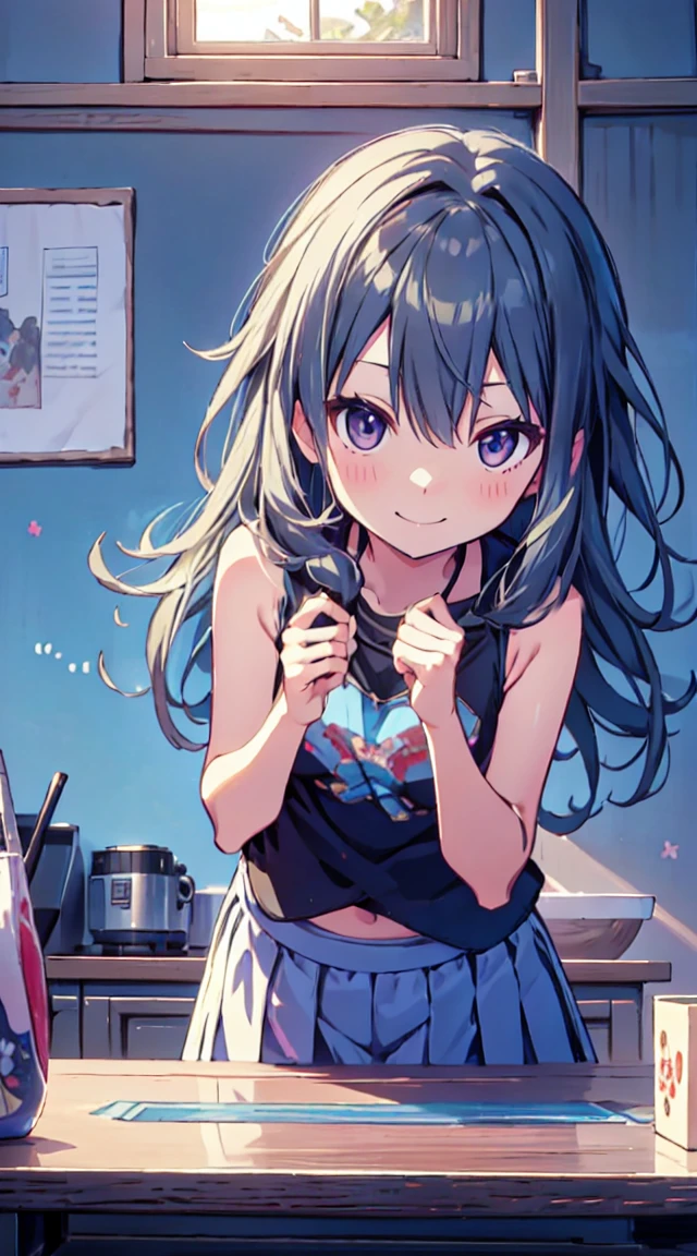 masutepiece, Best Quality,Illustration, Wallpaper, ultra -detail, 1loli、♡、Futomo、Poses in motion、mischievous smile、Tank tops、skirt by the、Viewpoint looking up from the bottom