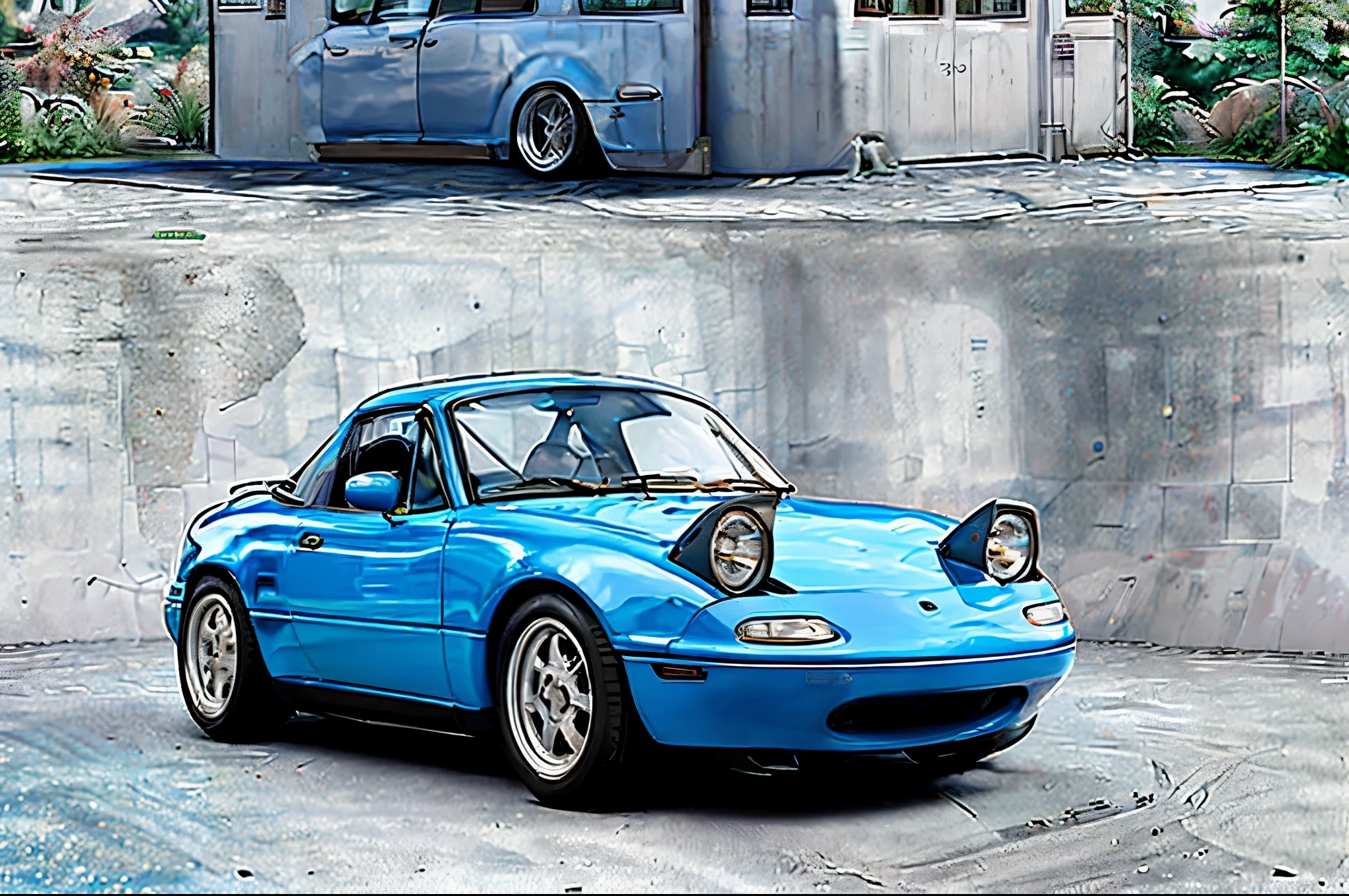 The Allafard Blue Porsche 964 is parked in front of the garage, Highly detailed hyperreal retro, Porsche 964, Porsche 964,, Ultra-detailed 3D rendering, Ultra-detailed 3D rendering, Porsche 964, 3D Ultra-Realistic Rendering, veranda, hyper realistic rendering, hyper realistic 3 d render, hyper real render，Mender，broad body，tailed，Porsche 964