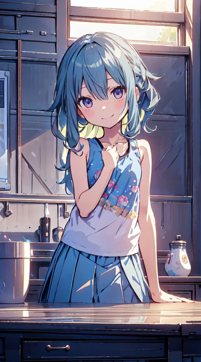 masutepiece, Best Quality,Illustration, Wallpaper, ultra -detail, 1loli、♡、Futomo、Poses in motion、mischievous smile、Tank tops、skirt by the、Viewpoint looking up from the bottom