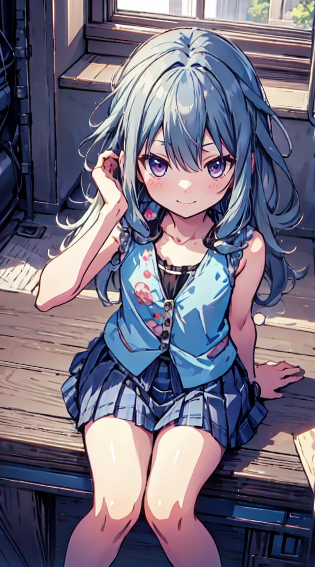 masutepiece, Best Quality,Illustration, Wallpaper, ultra -detail, 1loli、♡、Futomo、Poses in motion、mischievous smile、Tank tops、skirt by the、Viewpoint looking up from the bottom