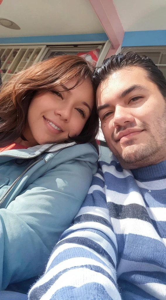 a couple in love. She wears a jacket, has long brown hair and he has black hair and a shaved blue sweater