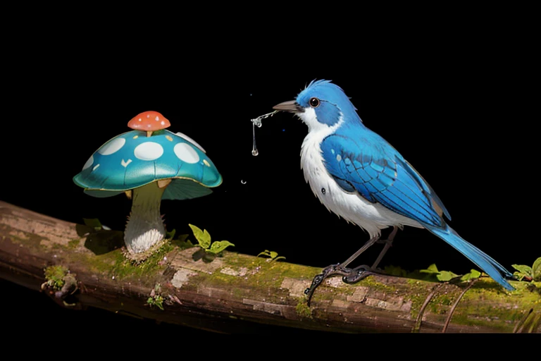 tmasterpiece, macro photography of a tiny bird, drinking water in the forest, nightfall, shrooms, dew drops, high contrast, Studio Ghibli style, very complex, highly detailed photorealistic style