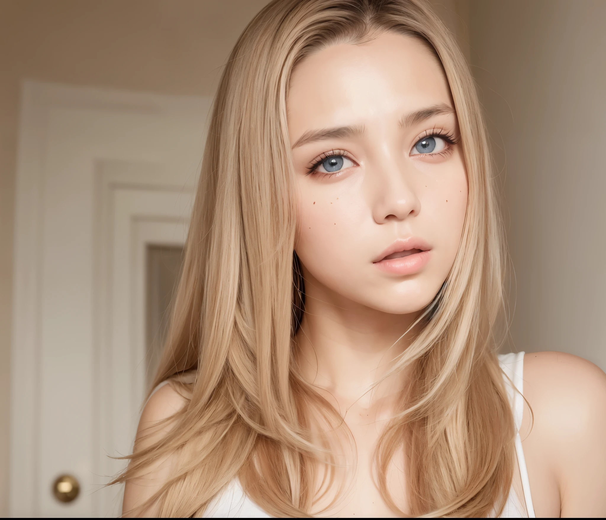 (masutepiece), A sexy、Natural light, Photorealistic, Cameltoe, diffuse glow, depth of fields, big eye、profetional lighting、the eyes are blue、Russian、a blond、selfee、White tank top、The background is home、
