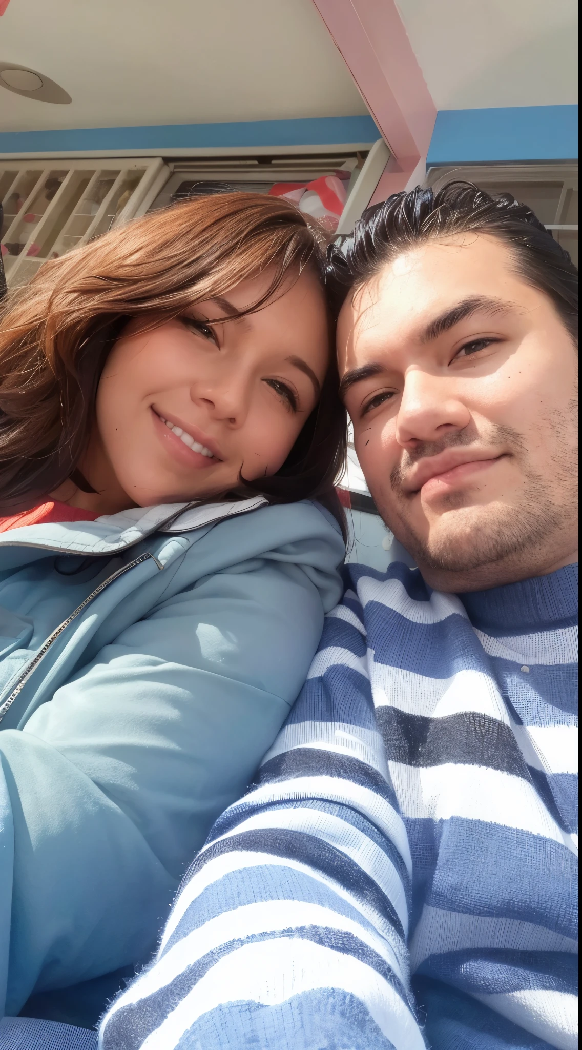 a couple in love. She wears a jacket, has long brown hair and he has black hair and a shaved blue sweater