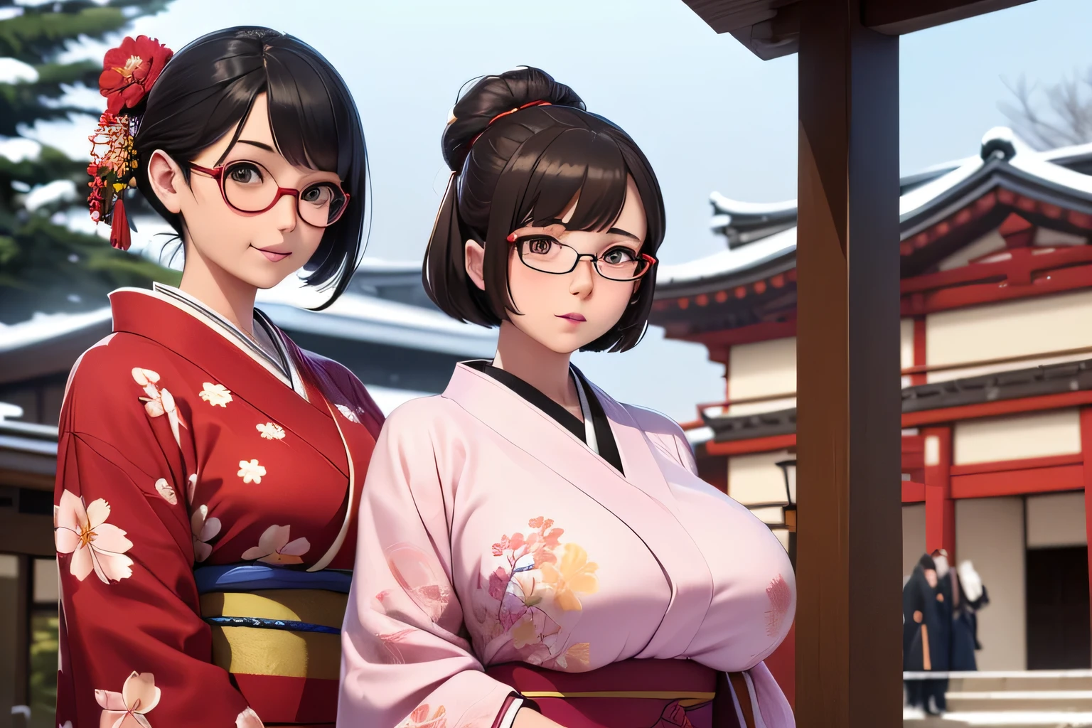 High-definition illustrations、8K、High-definition face depiction、Realistic shading、Photorealistic backgrounds、((3 girls))、(22year old)、(Colossal breasts)、(A dark-haired、bob cuts、eye glasses)、(Brightly colored kimono、thick gown、thick white muffler)、(Winters、Shrine of Japan、New Year&#39;visit)、(There are a lot of people around:1.6)