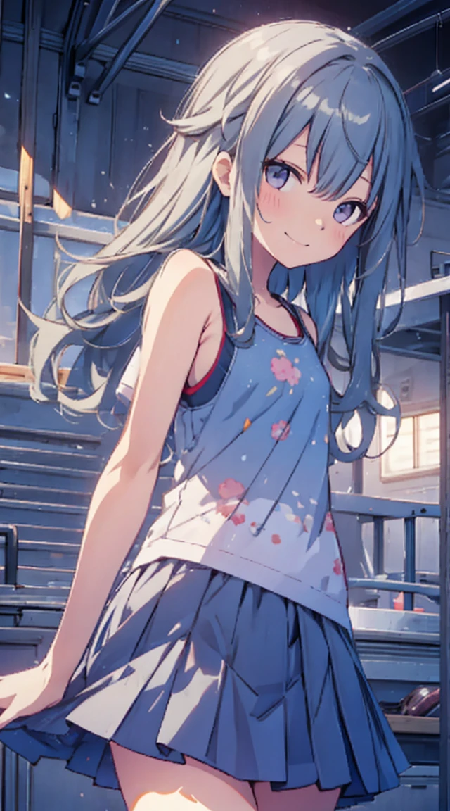 masutepiece, Best Quality,Illustration, Wallpaper, ultra -detail, 1loli、♡、Futomo、Poses in motion、mischievous smile、Tank tops、skirt by the、Viewpoint looking up from the bottom