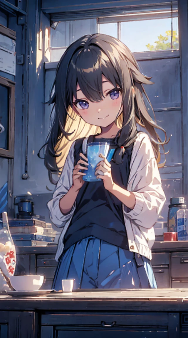 masutepiece, Best Quality,Illustration, Wallpaper, ultra -detail, 1loli、♡、Futomo、Poses in motion、mischievous smile、Tank tops、skirt by the、Viewpoint looking up from the bottom