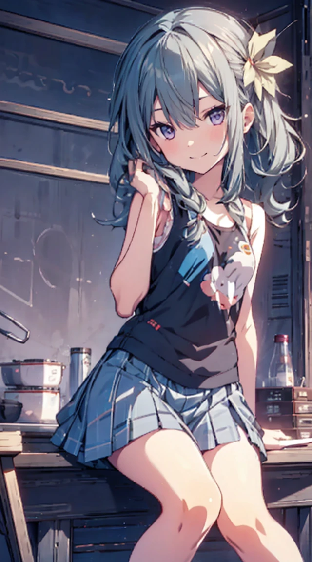 masutepiece, Best Quality,Illustration, Wallpaper, ultra -detail, 1loli、♡、Futomo、Poses in motion、mischievous smile、Tank tops、skirt by the、Viewpoint looking up from the bottom