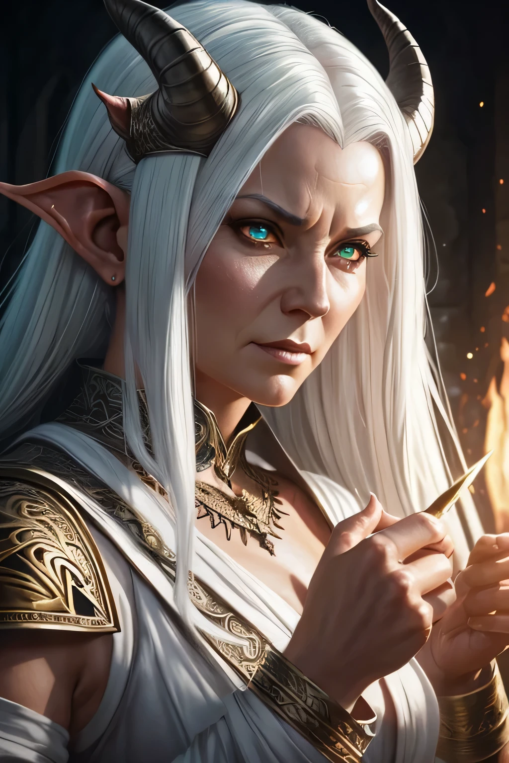 best quality,masterpiece,masterpiece portrait,intricate details,epic light,fantasy,Dungeons & Dragons,Retro,priest,dark elf,1girl,Wooden table,tavern,gray skin,An elegant smile,Squint,Close-up Portrait of a Mycenaean female Drow Person wearing golden jewelry, Spiders:0.9, webs:1.0, Fantasy, Volumetric lighting, concept art, brush stroke style, artstation, trending, highly detailed, art by greg rutkowski