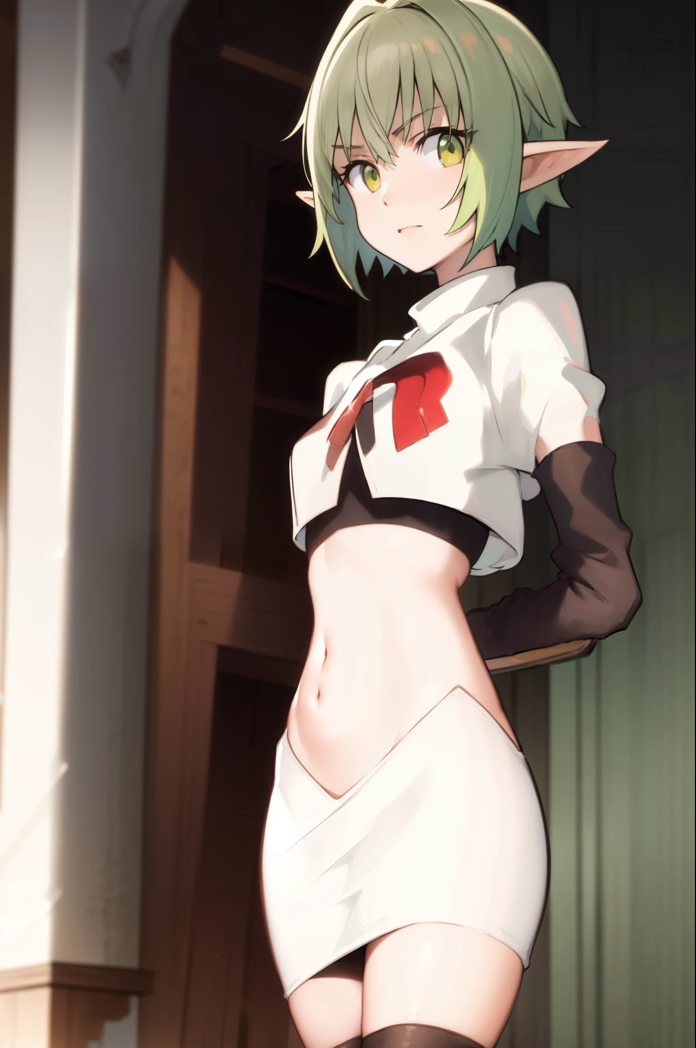 best quality, (masterpiece:1.2), detailed,
1girl, solo, pointy ears,
green hair, green eyes, short hair, short hair with long locks,
team rocket,team rocket uniform, red letter R, white skirt,white crop top,black thigh-highs,black elbow gloves