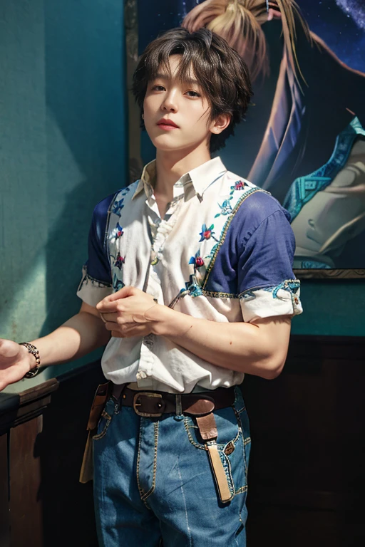 Surrealist male portrait by David Hockney and Alphonse Mucha,Fantasyart,photographrealistic,动态照明,art stations,poster for,Volumetriclighting,extra detailed face,4 k,awardwinning,,1boy,in the darkness nigth,Deep shading,low tune,cowboy photooral costume:1.4),short detailed hair,