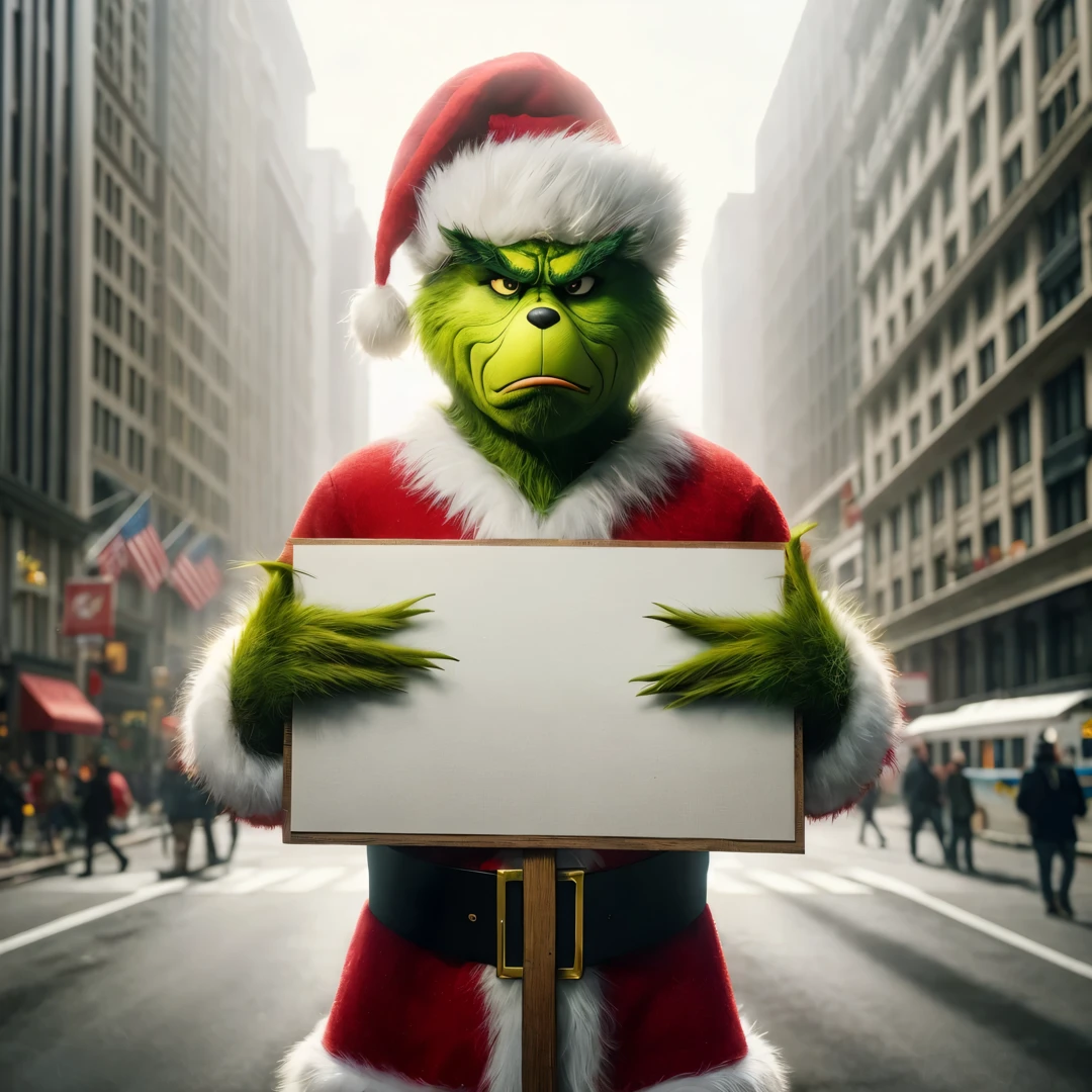 araffe in a santa suit holding a sign in a city street, mr. grinch, the grinch, best on adobe stock, photo render, netflix, cg art, amazing cgi, cgi, a hyper realistic, promo art, hyperrealistic cgi, realistic cgi, cg artist, discovered photo, cgi 8k, wojtek fus, photorealistic cgi