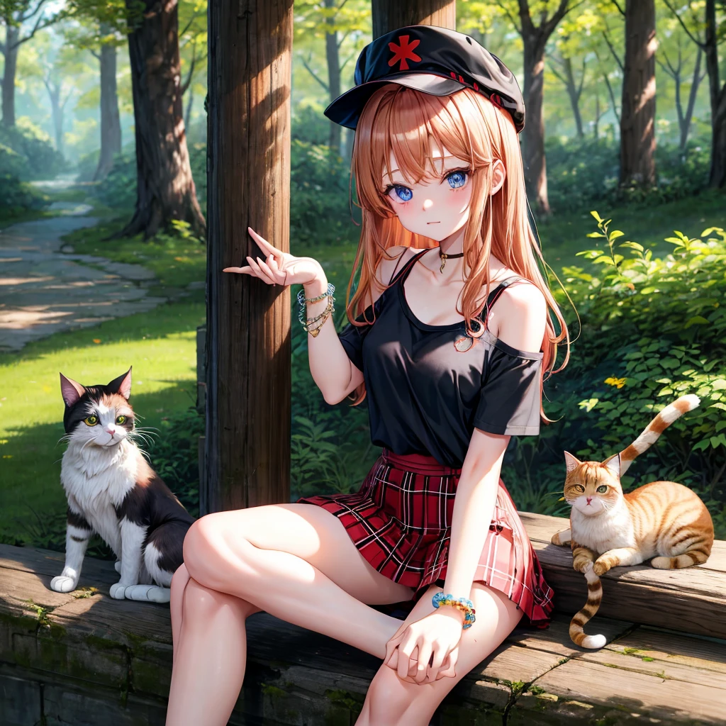 red blonde、blue eyess、one good looking girl、独奏、animesque、Plaid miniskirt、Black T-shirt、camisole、the woods、Sunlight、sitting on、wearing hat、bare-legged、cute bracelet、tilting the head、Holding a cat