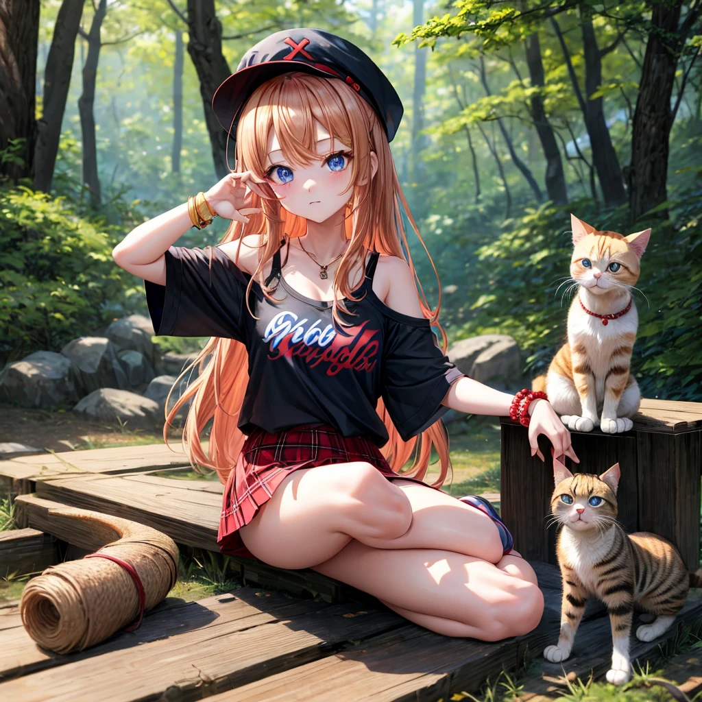 red blonde、blue eyess、one good looking girl、独奏、animesque、Plaid miniskirt、Black T-shirt、camisole、the woods、Sunlight、sitting on、wearing hat、bare-legged、cute bracelet、tilting the head、Holding a cat