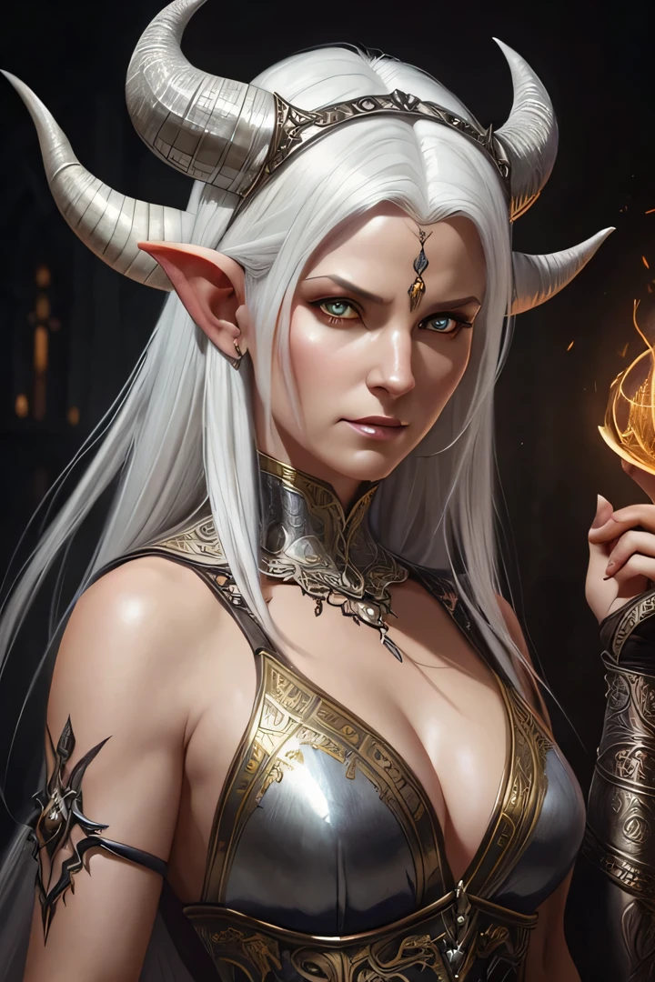 ultra realistic illustration, fantasy, dungeons & dragons, Middle aged woman, tiefling, horns, exotic white hair, monk, demon eyes, intricate, elegant, highly detailed, digital painting, artstation, concept art, sharp focus, illustration, art by artgerm and greg rutkowski and alphonse mucha