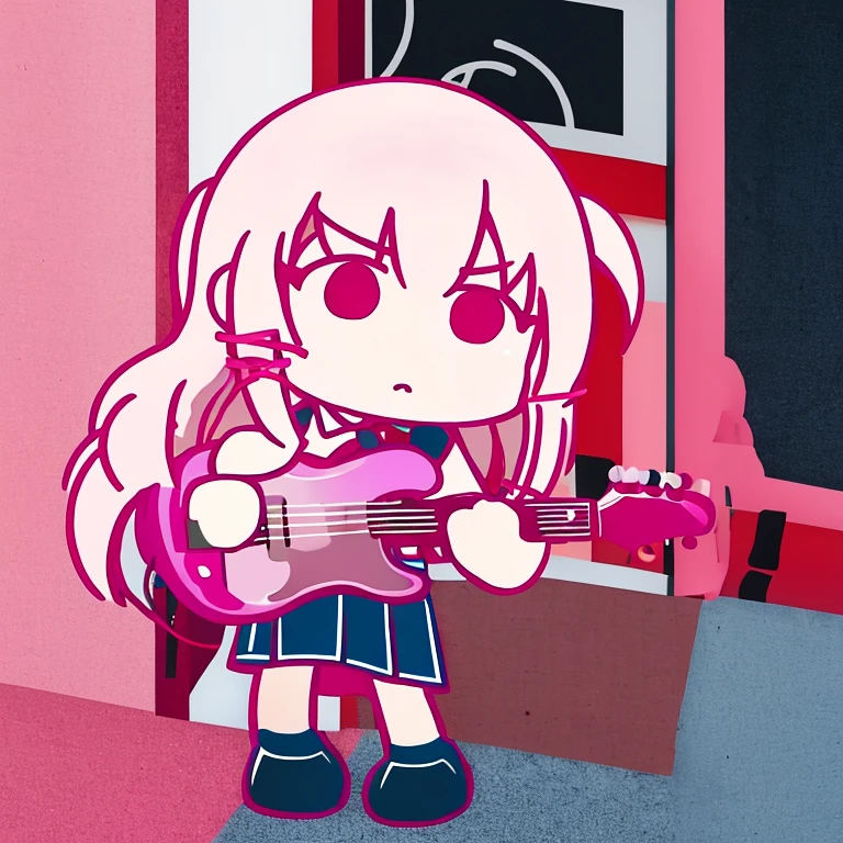 1girl, pink hair, Long hair, school uniform, Holding the guitar, chibi,