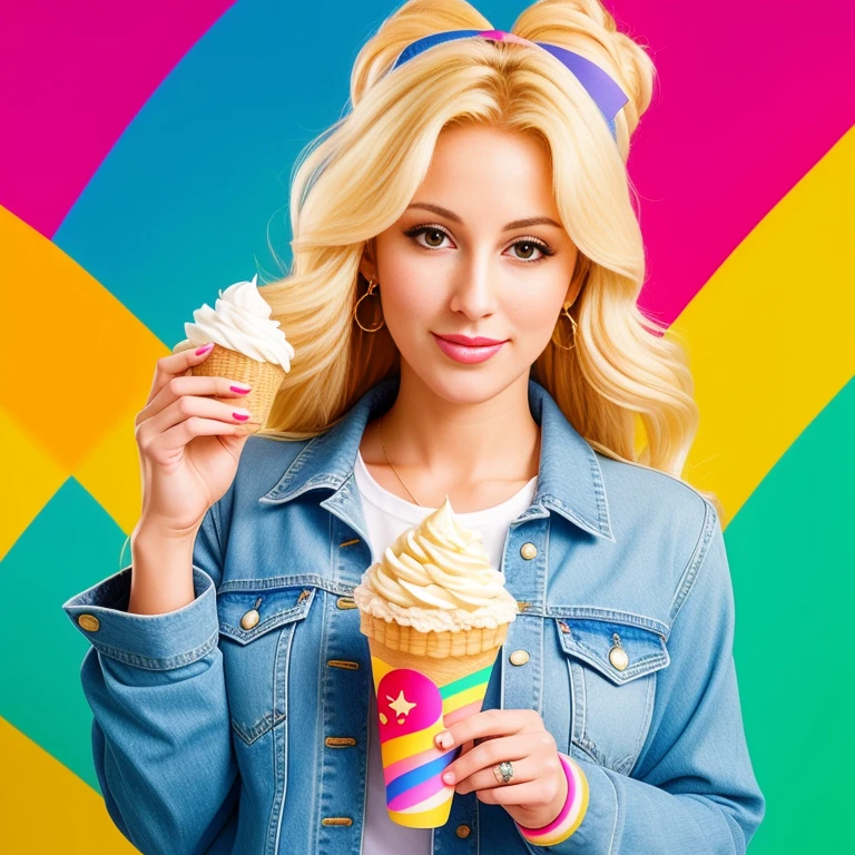 "(Mature and realistic portrayal:1.2) Sailor Moon exuding confidence as she holds an cream cone, her blonde hair cascading down, adorned in stylish rainbow denim clothes from the 2000s, with a backdrop filled with sprinkles."