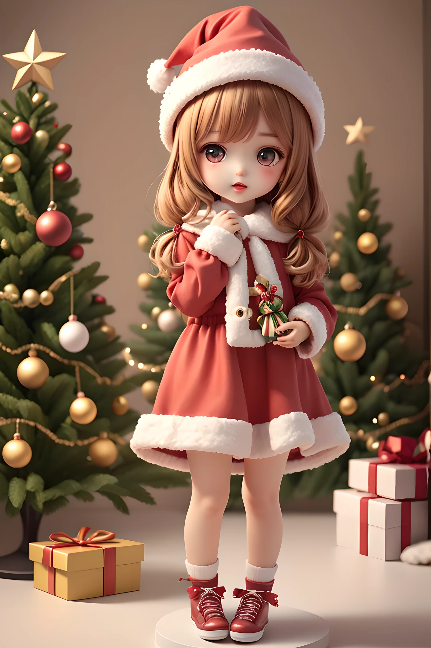 Wallpaper HD of,tmasterpiece.Christmas:1.37,cute chibi doll,(((1 Sister,Santa's Hat,Santa Claus clothes))),stand up,