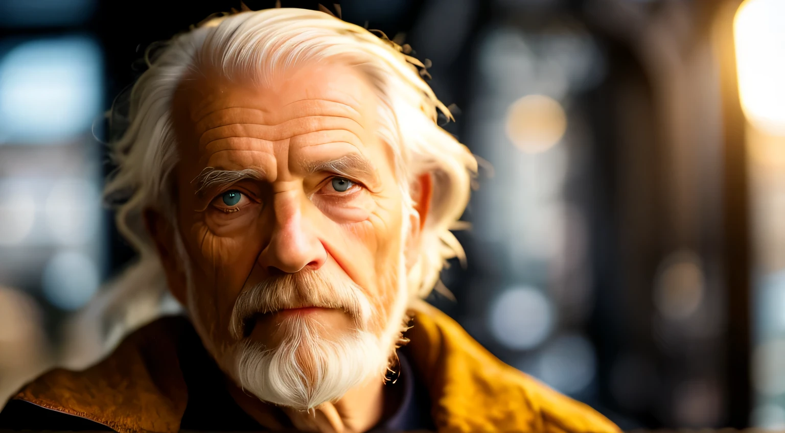 dark theme, ultra resolution, hyper realistic, hdr, absyrdres, cinematic shot, vignette, centered, short DOF, a closeup portrait of an old man, Scandinavian, looking at camera, blue old eyes, short white hair, one braided hair curl, white VIKING BEARD, missing teeth, narrow face dark skin, wide shoulders, weathered by sun and sat water, royal doublet with gold patterns, royal chambers camera focus on an eye, high focal length, dslr, 200mm lens, photo by Cristina Otero, dark studio, rim lighting, two tone lighting, dimly lit, low key, backlight,