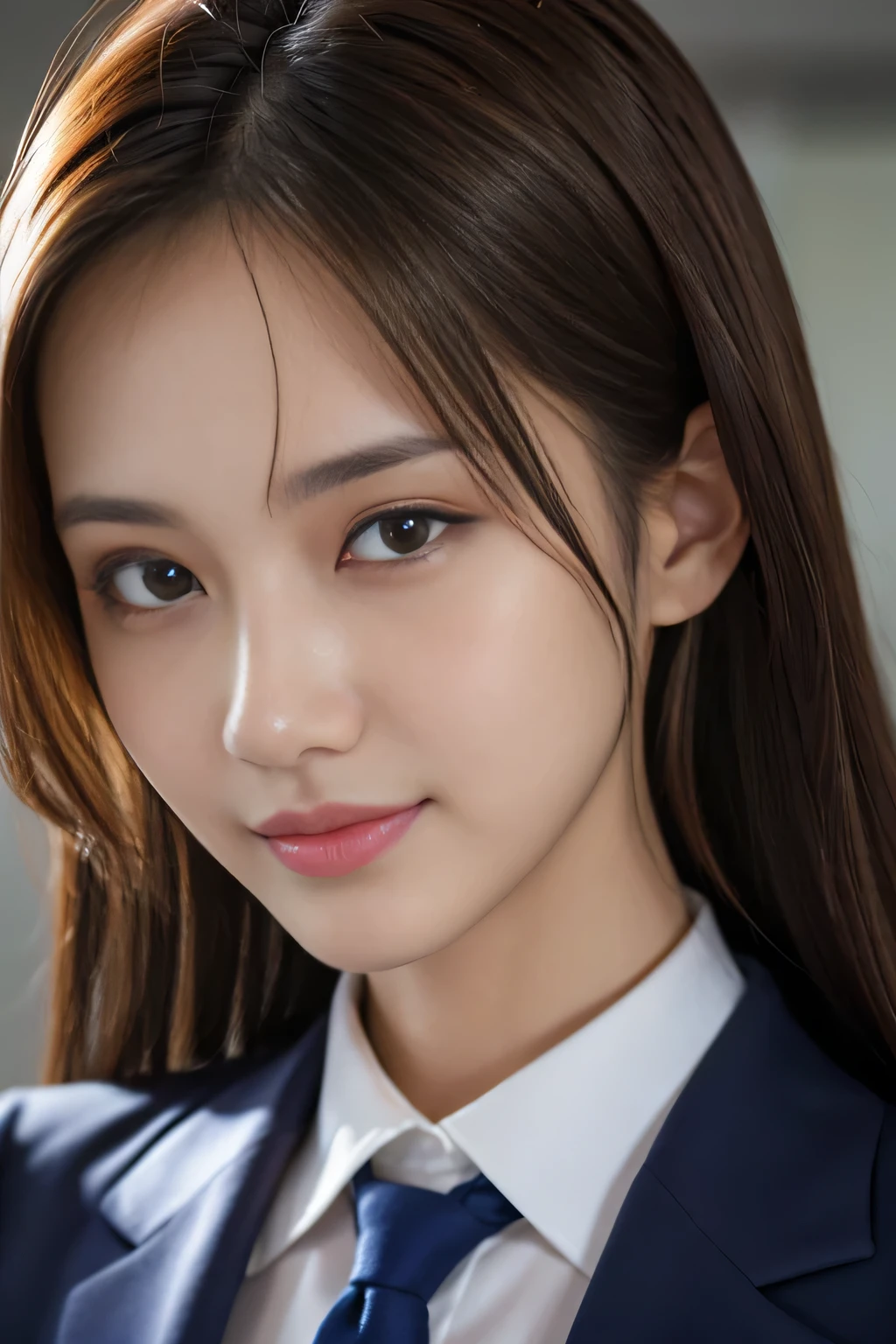 best qualtiy, Realistically, ultra - detailed, Detailed pubic hair, hight resolution, Single-color background，8k wallpaper, 1 beautiful woman,light brown messy hair,  Please wear a flight attendant suit, lock focus, Perfect dynamic composition, beautidful eyes, Delicate hair, 细致Realistically的皮肤纹理, Smiling, closeup portrait, Model body type