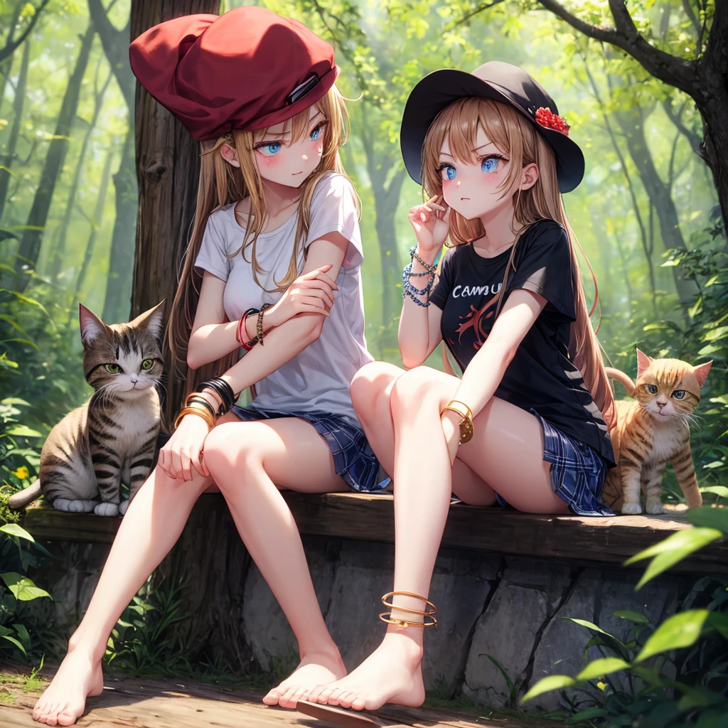 red blonde、blue eyess、one good looking girl、独奏、animesque、Plaid miniskirt、Black T-shirt、camisole、the woods、Sunlight、sitting on、wearing hat、bare-legged、cute bracelet、tilting the head、Holding a cat、glaring