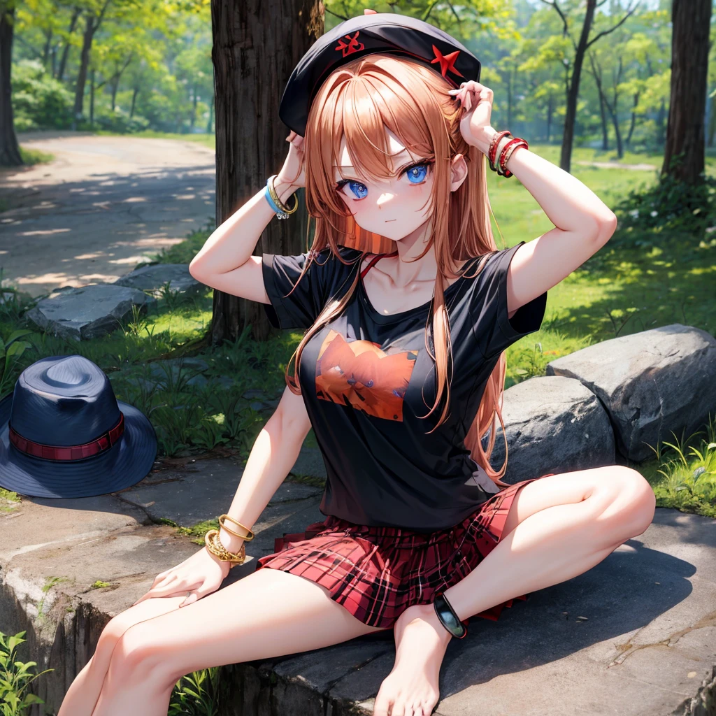 red blonde、blue eyess、one good looking girl、独奏、animesque、Plaid miniskirt、Black T-shirt、camisole、the woods、Sunlight、sitting on、wearing hat、bare-legged、cute bracelet、tilting the head、Holding a cat、glaring