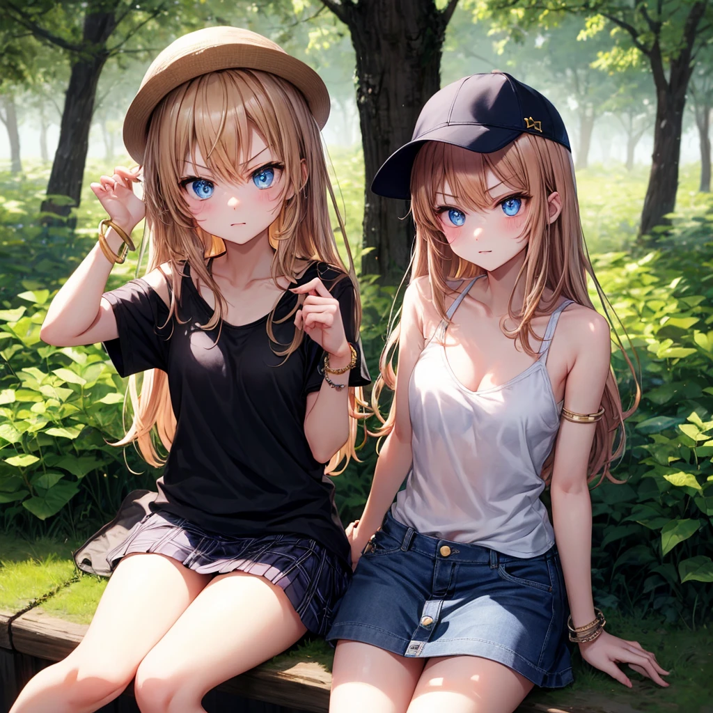 red blonde、blue eyess、one good looking girl、独奏、animesque、Plaid miniskirt、Black T-shirt、camisole、the woods、Sunlight、sitting on、wearing hat、bare-legged、cute bracelet、tilting the head、Holding a cat、glaring