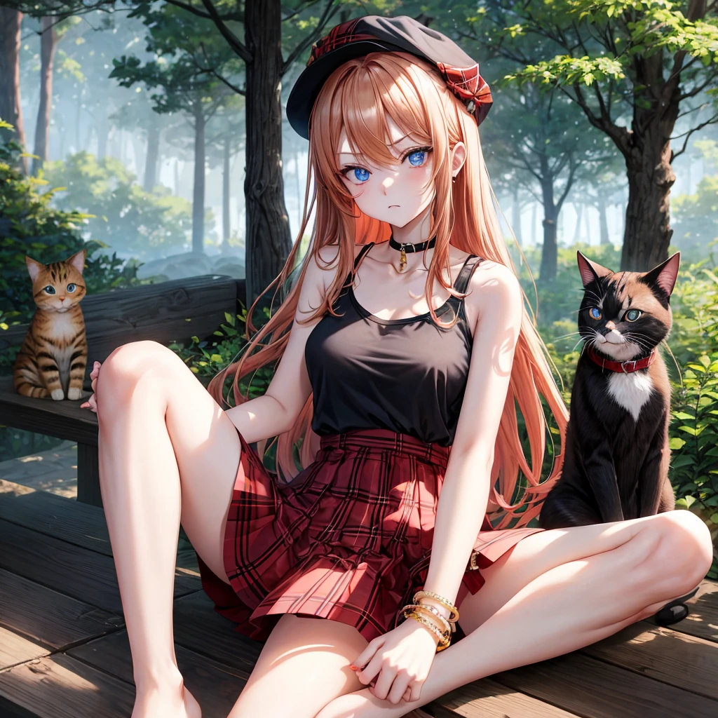 red blonde、blue eyess、one good looking girl、独奏、animesque、Plaid miniskirt、Black T-shirt、camisole、the woods、Sunlight、sitting on、wearing hat、bare-legged、cute bracelet、tilting the head、Holding a cat、glaring