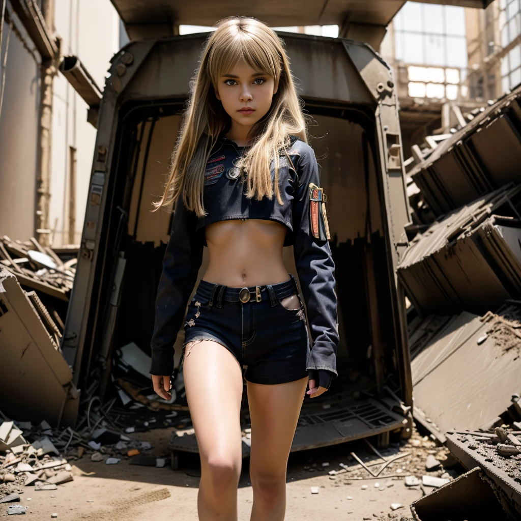 13 year old girl , Full body composition of young girl with messy bright blonde hair, eye make up, 13 year old,  Soft lighting, Solo, Old torn dirty shabby futuristic vaultgirl uniform from the video game fallout, badges, Pose, Blotch color, Octane Render, Hyperrealistic intricate detail, Cinematic, 8K resolution, 70mm, Accent Lighting, Global Illumination, Full body portrait, clean detailed faces, intricate clothing, Cute face, flat chest, Slim waist, Slim legs, small hips,crop top, Chest exposed, walking out of a steel bunker entrance. Post apocalyptic scene.