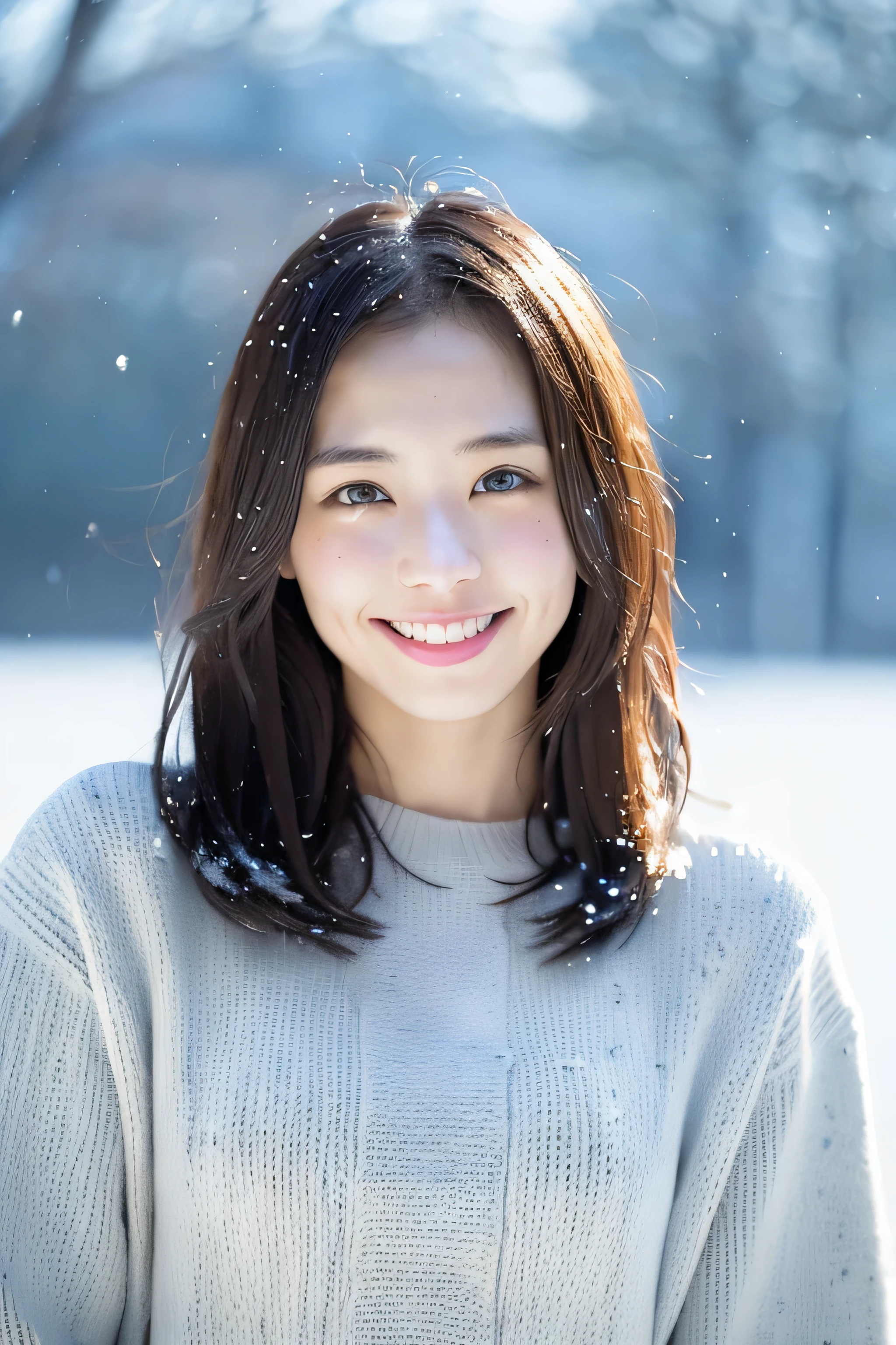 (8K、top-quality、masutepiece、超A high resolution:1.2) (Paul Rubens and Rebecca Guay's style:1.1) (Gloomy winter snow:1.4) Photos of beautiful Japan women　(A smile)　Blue Latex Sweater