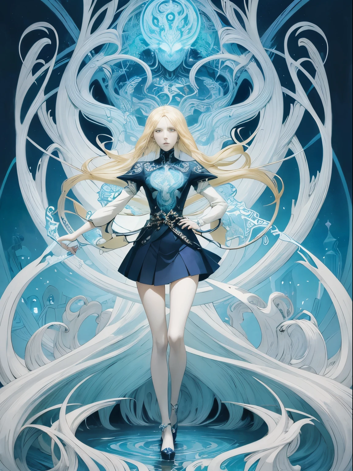Kay Nielsen, James Jean, Surreal, mysterious, bizarre, fantastical, fantasy, Sci-fi, Japanese anime, a transparent giant that breaks through the surface of the earth and rises up. Dreams and daily life, inside and outside, spirit and reality, the adventures of Alice, a beautiful blonde miniskirt girl, detailed masterpiece