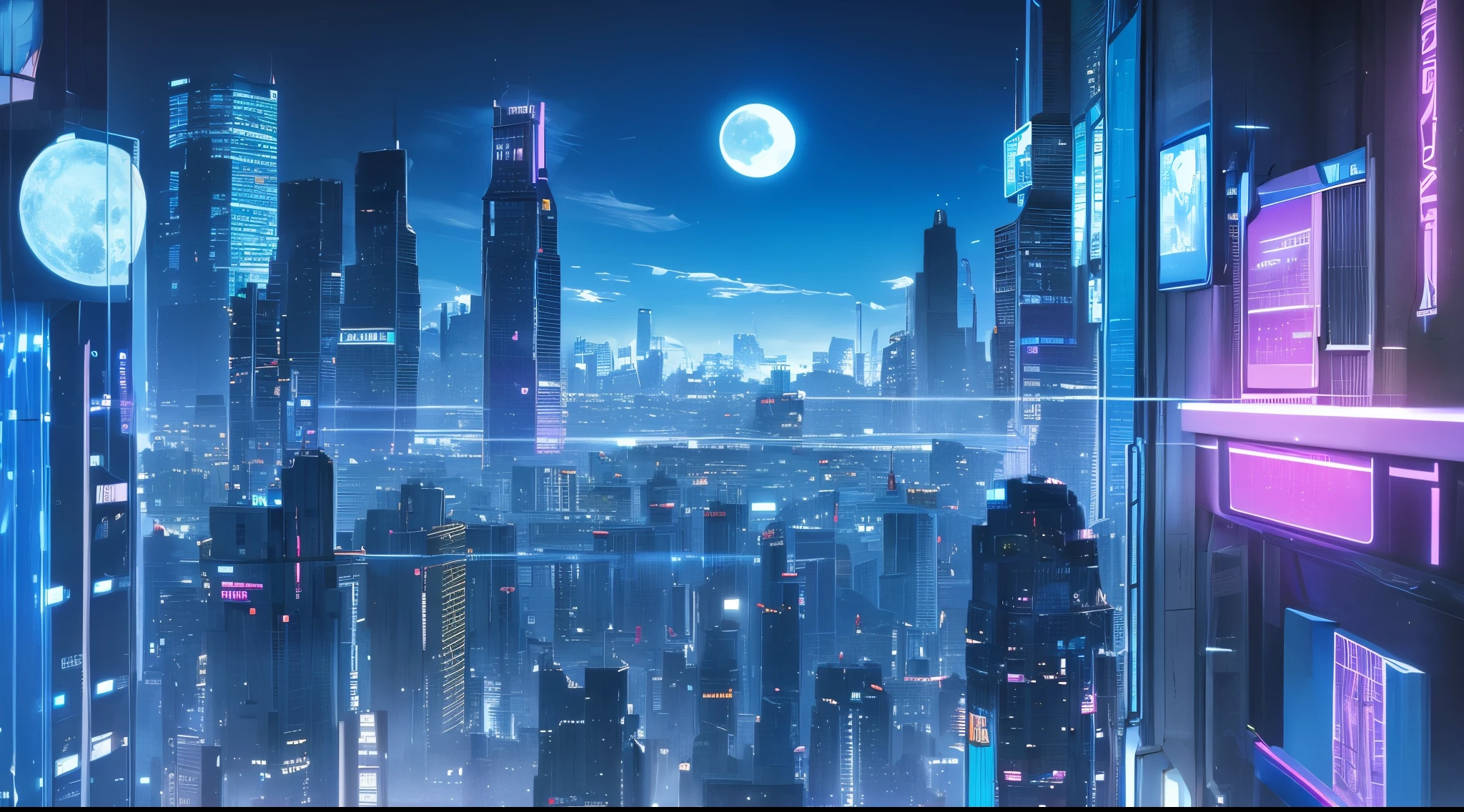 An immense cyberpunk éclairée in the night, The city has a nuance of rose and blue clair, The moon arbore has the accompagné d'étoiles, image 4k
