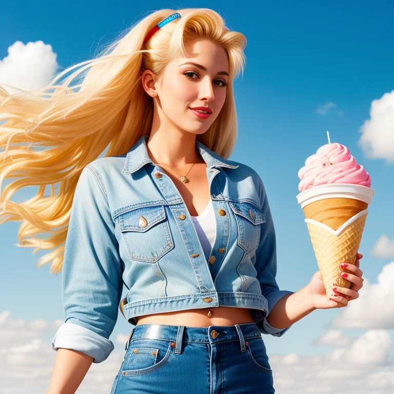"(Mature and realistic portrayal:1.2) Sailor Moon exuding confidence as she holds an ice cream cone, her blonde hair cascading down, adorned in stylish chrome denim clothes from the 2000s, with a backdrop filled with sprinkles."